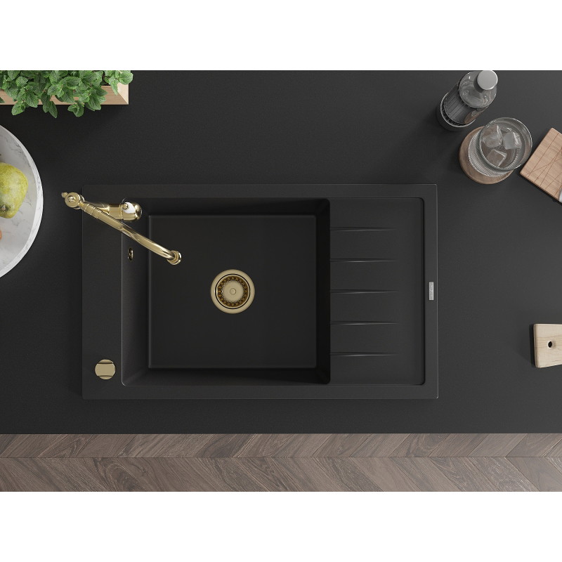 Mexen Elias 1-bowl granite sink with drainer and kitchen faucet Carla, black - 6511-77-670700-50