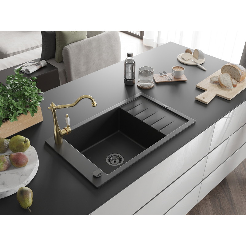 Mexen Elias single-bowl granite sink with drainer and kitchen faucet Carla, black - 6511-77-670700-50-B