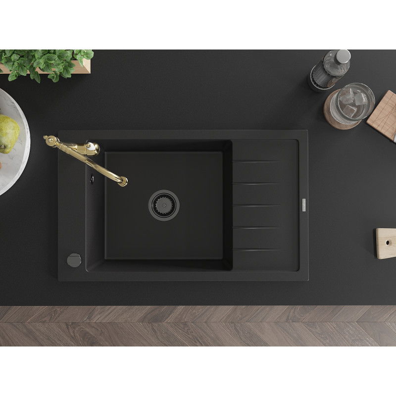 Mexen Elias 1-bowl granite sink with drainer and Carla kitchen tap, black - 6511-77-670700-50-B