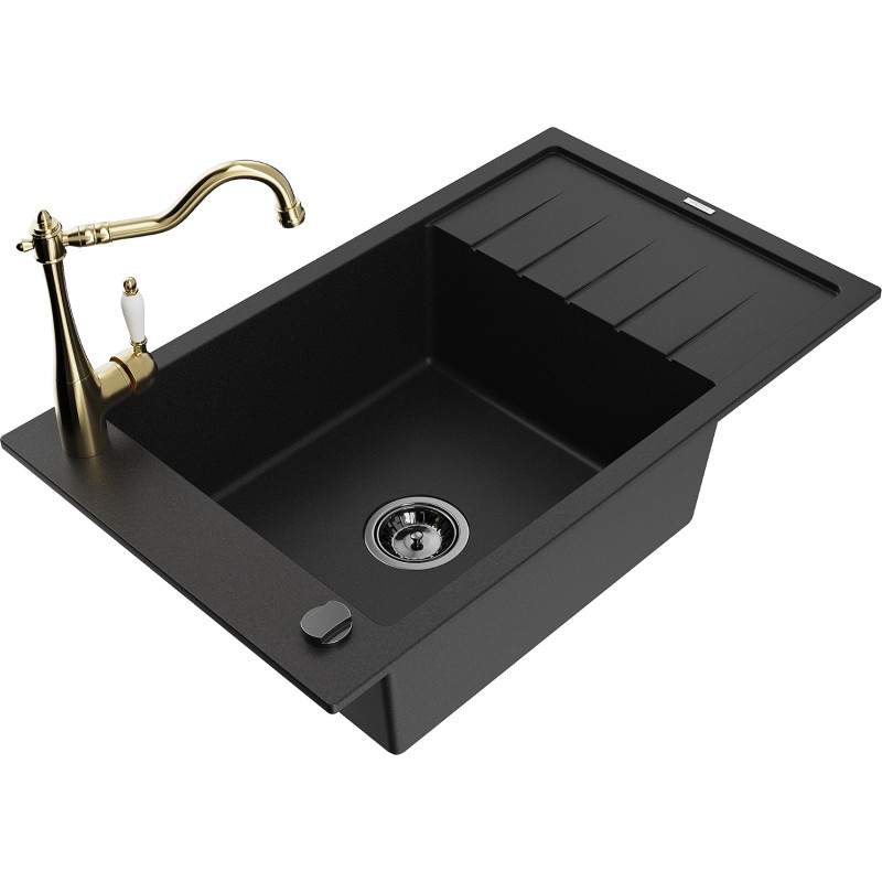 Mexen Elias 1-bowl granite sink with drainer and Carl kitchen faucet, black - 6511-77-670700-50-B