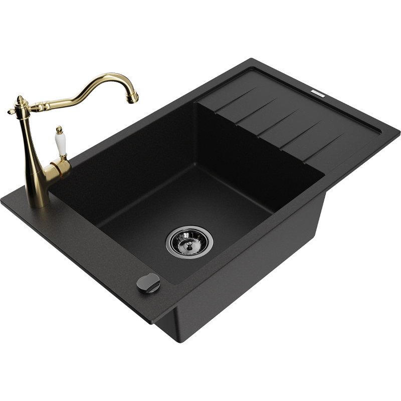Mexen Elias 1-bowl granite sink with drainer and Carla kitchen tap, black - 6511-77-670700-50-B