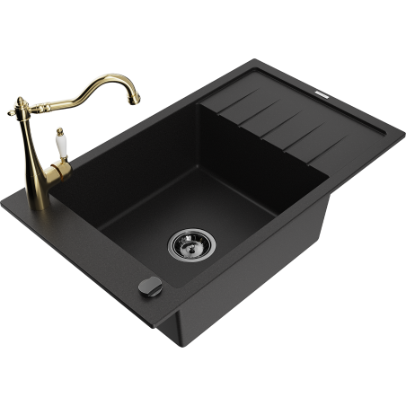 Mexen Elias 1-compartment granite sink with a drip tray and kitchen mixer tap Carla, Black - 6511-77-670700-50-B