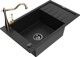 Mexen Elias 1-bowl granite sink with drainer and Carl kitchen faucet, black - 6511-77-670700-50-B
