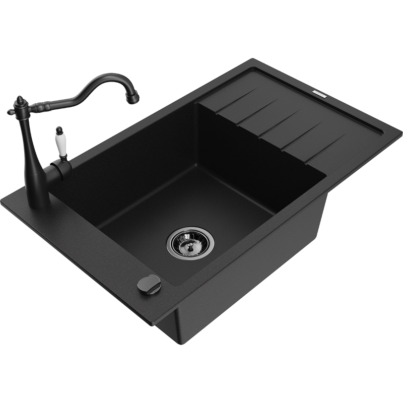 Mexen Elias 1-compartment granite sink with a drip tray and kitchen mixer tap Carla, Black - 6511-77-670700-70-B
