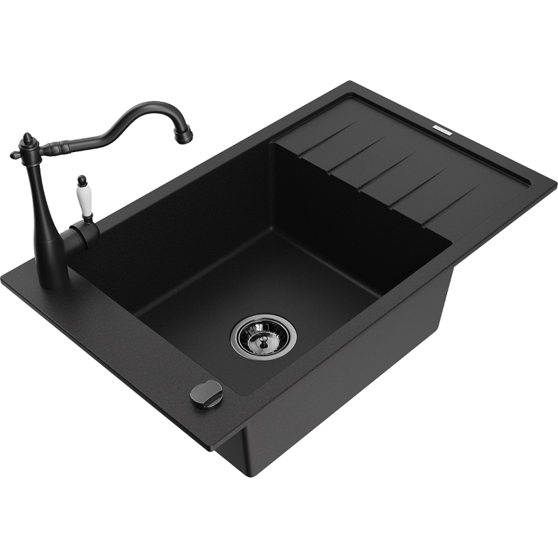 Mexen Elias granite kitchen sink single-bowl with drainer and Carla kitchen tap, black - 6511-77-670700-70-B
