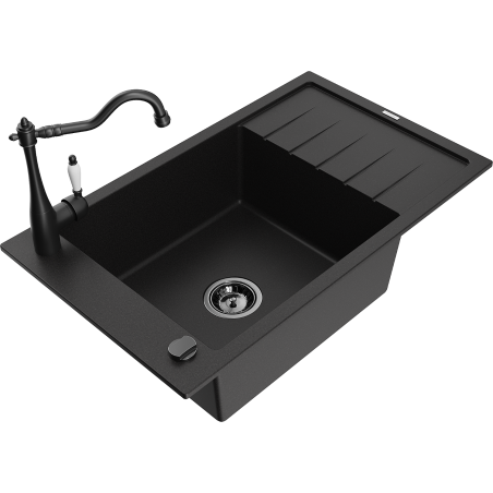 Mexen Elias granite kitchen sink 1-bowl with drainer and Carla kitchen faucet, black - 6511-77-670700-70-B