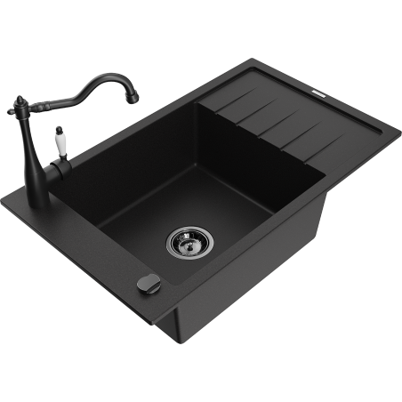 Mexen Elias granite kitchen sink single-bowl with drainer and Carla kitchen tap, black - 6511-77-670700-70-B