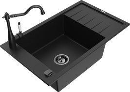 Mexen Elias granite kitchen sink 1-bowl with drainer and Carla kitchen faucet, black - 6511-77-670700-70-B