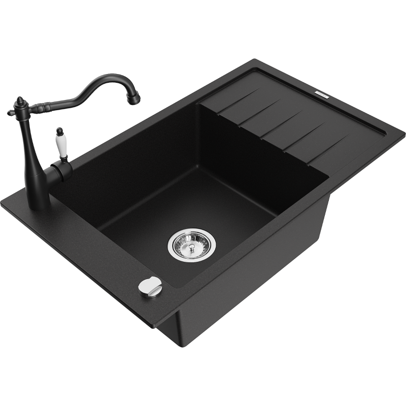 Mexen Elias 1-compartment granite sink with a drip tray and kitchen mixer tap Carla, Black - 6511-77-670700-70