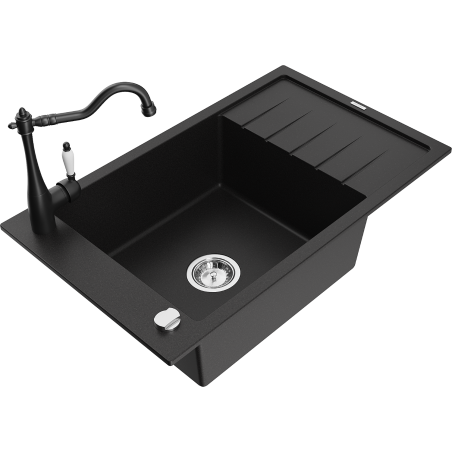 Mexen Elias 1-bowl granite sink with drainer and kitchen faucet Carla, black - 6511-77-670700-70