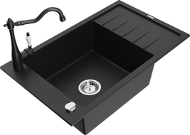Mexen Elias granite sink 1-bowl with drainer and kitchen faucet Carla, black - 6511-77-670700-70