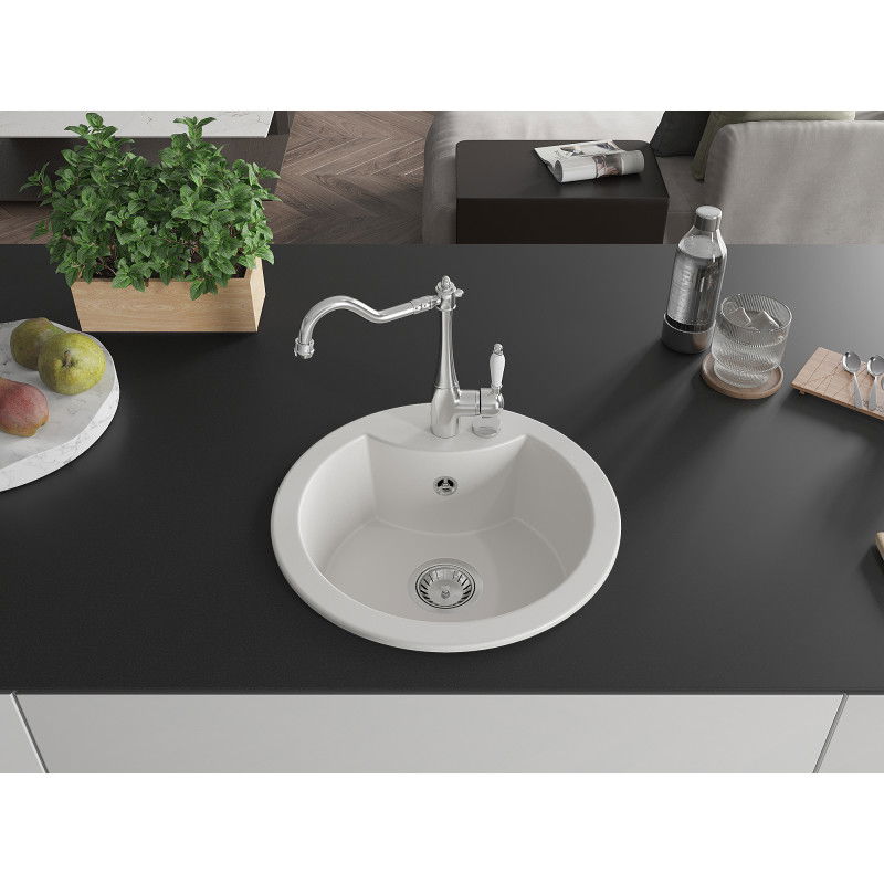 Mexen Diego granite sink 1-bowl with Carla kitchen tap, white - 6512-20-670700-00