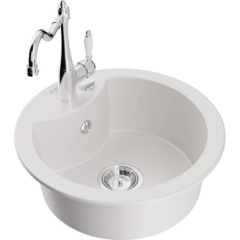 Mexen Diego 1-bowl granite sink with Carla kitchen faucet, white - 6512-20-670700-00