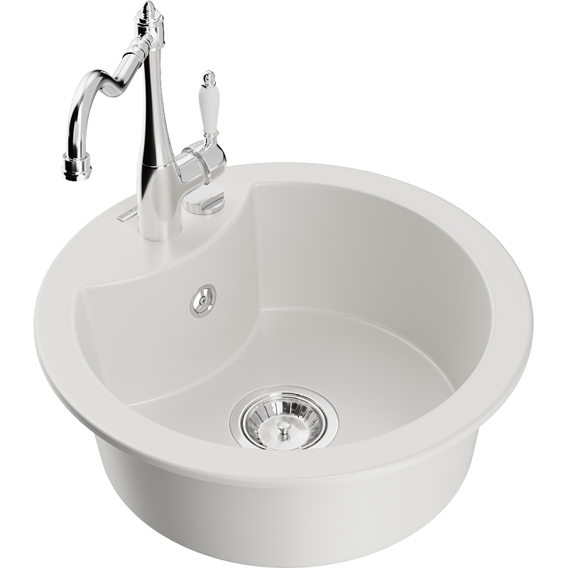 Mexen Diego 1-compartment granite sink with a kitchen mixer tap Carla, White - 6512-20-670700-00