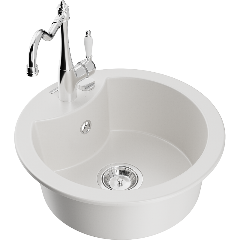 Mexen Diego granite sink 1-bowl with Carla kitchen tap, white - 6512-20-670700-00
