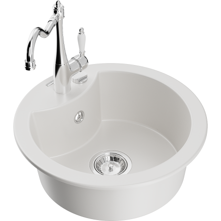 Mexen Diego granite sink 1-bowl with Carla kitchen tap, white - 6512-20-670700-00