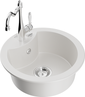 Mexen Diego 1-compartment granite sink with a kitchen mixer tap Carla, White - 6512-20-670700-00