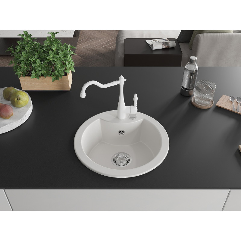 Mexen Diego 1-bowl granite sink with kitchen faucet Carla, white - 6512-20-670700-20