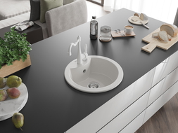 Mexen Diego 1-compartment granite sink with a kitchen mixer tap Carla, White - 6512-20-670700-20