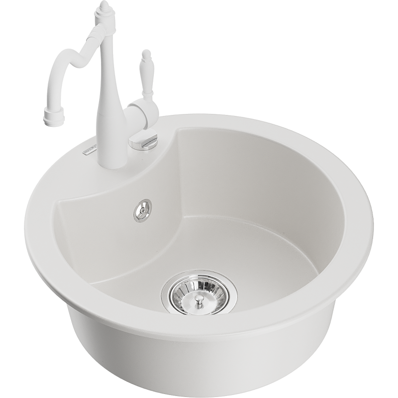 Mexen Diego 1-compartment granite sink with a kitchen mixer tap Carla, White - 6512-20-670700-20