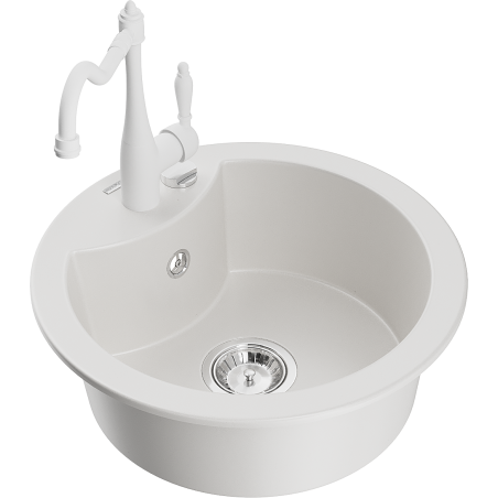 Mexen Diego 1-compartment granite sink with a kitchen mixer tap Carla, White - 6512-20-670700-20