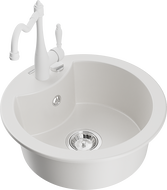 Mexen Diego 1-compartment granite sink with a kitchen mixer tap Carla, White - 6512-20-670700-20