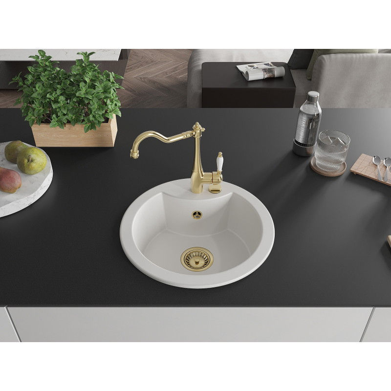 Mexen Diego granite sink 1-bowl with Carla kitchen faucet, white - 6512-20-670700-50