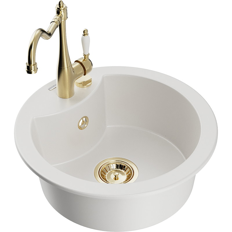 Mexen Diego granite sink 1-bowl with Carla kitchen faucet, white - 6512-20-670700-50