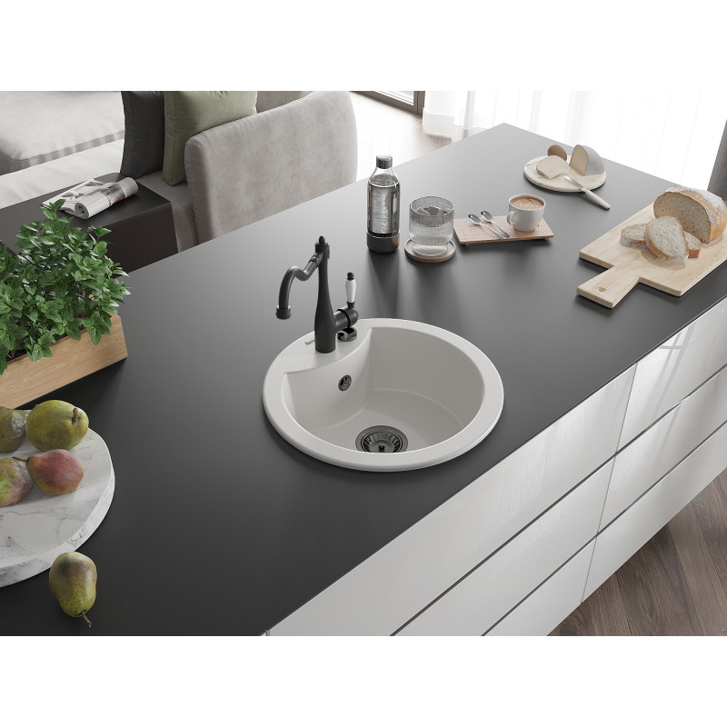 Mexen Diego single-bowl granite sink with Carla kitchen faucet, white - 6512-20-670700-70