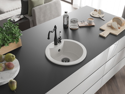 Mexen Diego 1-compartment granite sink with a kitchen mixer tap Carla, White - 6512-20-670700-70