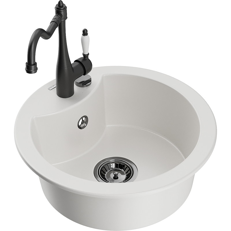 Mexen Diego granite kitchen sink 1-bowl with faucet Carla, white - 6512-20-670700-70