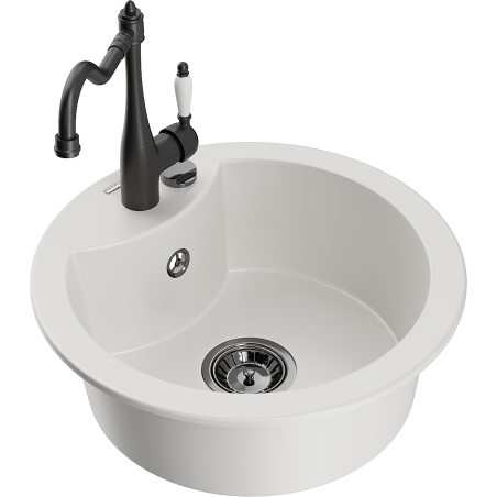 Mexen Diego 1-compartment granite sink with a kitchen mixer tap Carla, White - 6512-20-670700-70
