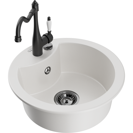 Mexen Diego granite kitchen sink 1-bowl with faucet Carla, white - 6512-20-670700-70