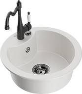 Mexen Diego 1-compartment granite sink with a kitchen mixer tap Carla, White - 6512-20-670700-70