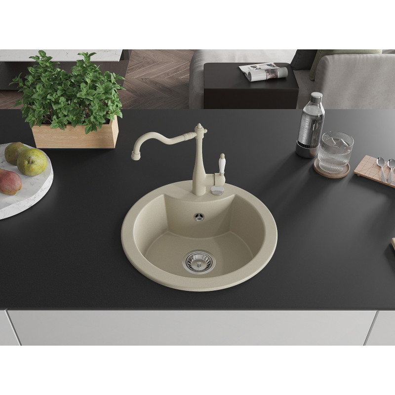 Mexen Diego 1-bowl granite sink with Carla kitchen faucet, beige - 6512-69-670700-69