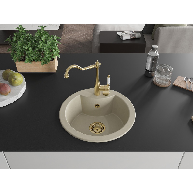 Mexen Diego 1-Bowl Granite Sink with Kitchen Faucet Carla, Beige - 6512-69-670700-50