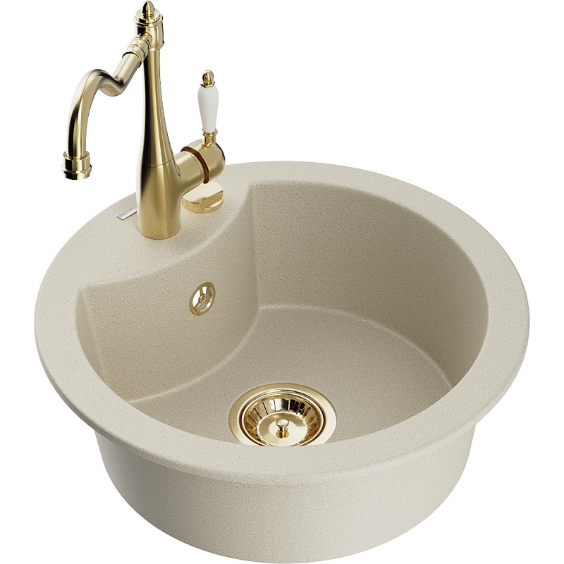 Mexen Diego 1-Bowl Granite Sink with Kitchen Faucet Carla, Beige - 6512-69-670700-50
