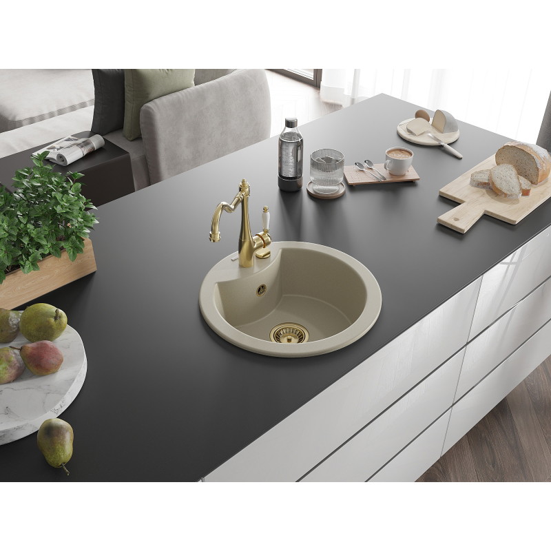Mexen Diego 1-Bowl Granite Sink with Kitchen Faucet Carla, Beige - 6512-69-670700-50