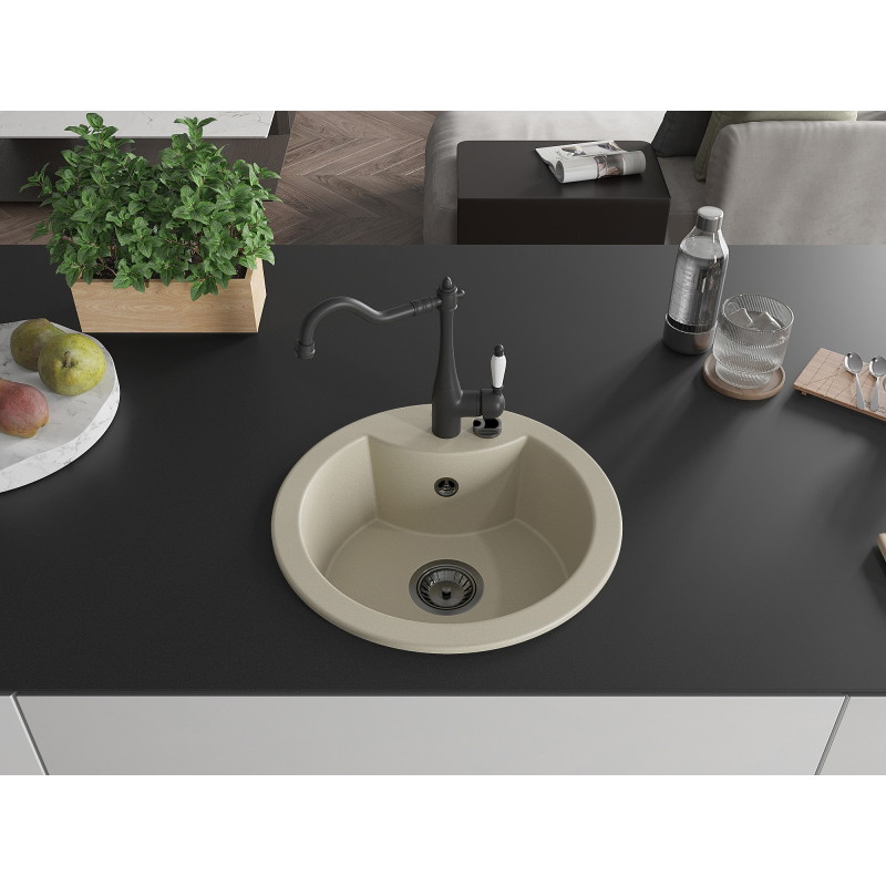 Mexen Diego granite sink 1-bowl with kitchen faucet Carla, beige - 6512-69-670700-70