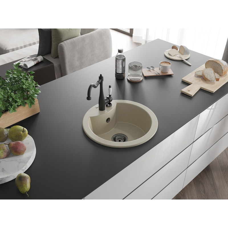 Mexen Diego granite sink 1-bowl with kitchen faucet Carla, beige - 6512-69-670700-70