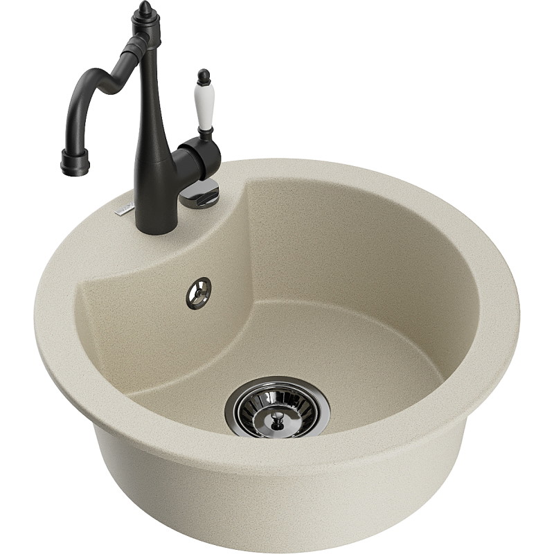 Mexen Diego granite sink 1-bowl with kitchen faucet Carla, beige - 6512-69-670700-70