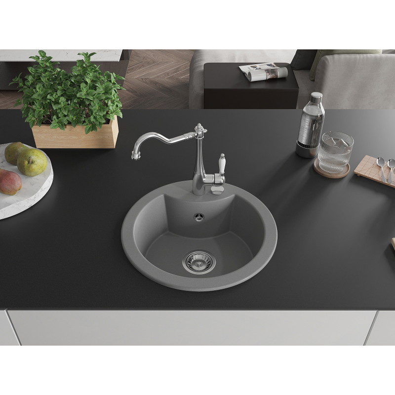 Mexen Diego granite sink 1-bowl with kitchen faucet Carla, gray - 6512-71-670700-00