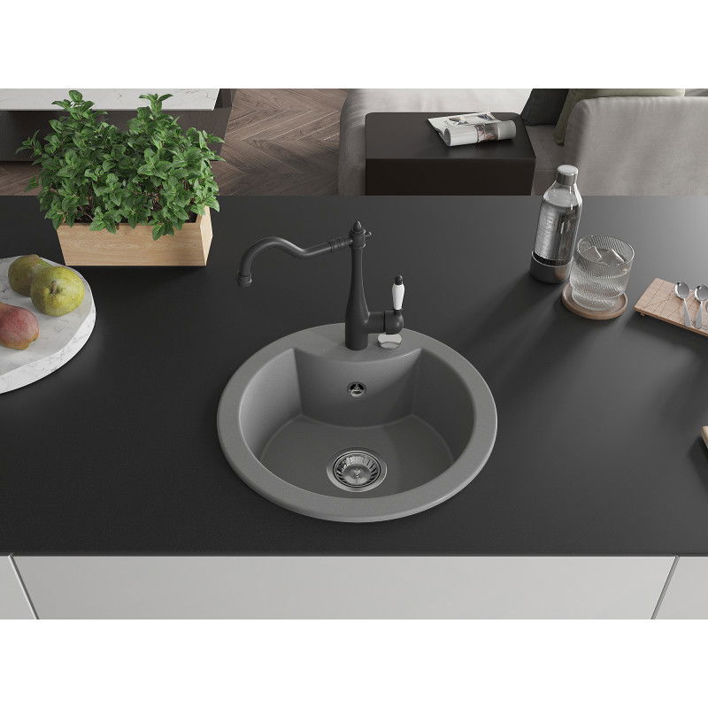 Mexen Diego granite kitchen sink 1-bowl with Carla kitchen tap, grey - 6512-71-670700-70