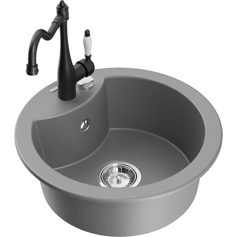 Mexen Diego 1-bowl granite sink with kitchen faucet Carla, gray - 6512-71-670700-70
