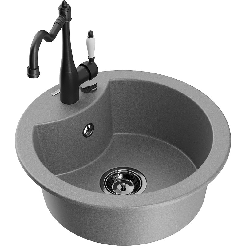 Mexen Diego granite sink 1-bowl with Carla kitchen faucet, gray - 6512-71-670700-70-B