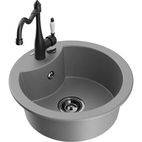 Mexen Diego granite sink 1-bowl with Carla kitchen faucet, gray - 6512-71-670700-70-B