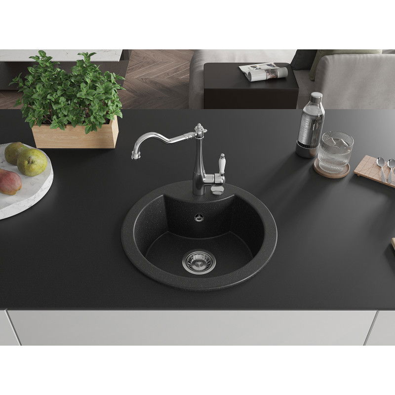 Mexen Diego single-bowl granite sink with Carla kitchen tap, black/silver metallic - 6512-73-670700-00