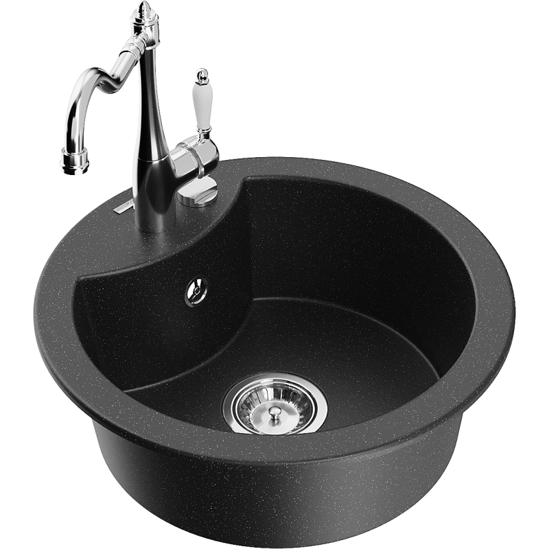 Mexen Diego 1-compartment granite sink with a kitchen mixer tap Carla, Black/Silver metallic - 6512-73-670700-00