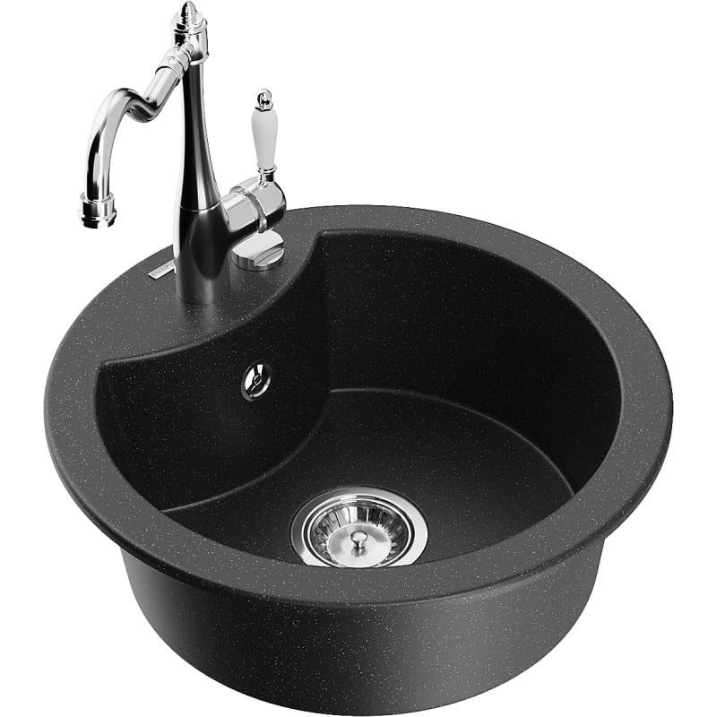 Mexen Diego granite kitchen sink 1-chamber with Carla kitchen faucet, black/silver metallic - 6512-73-670700-00