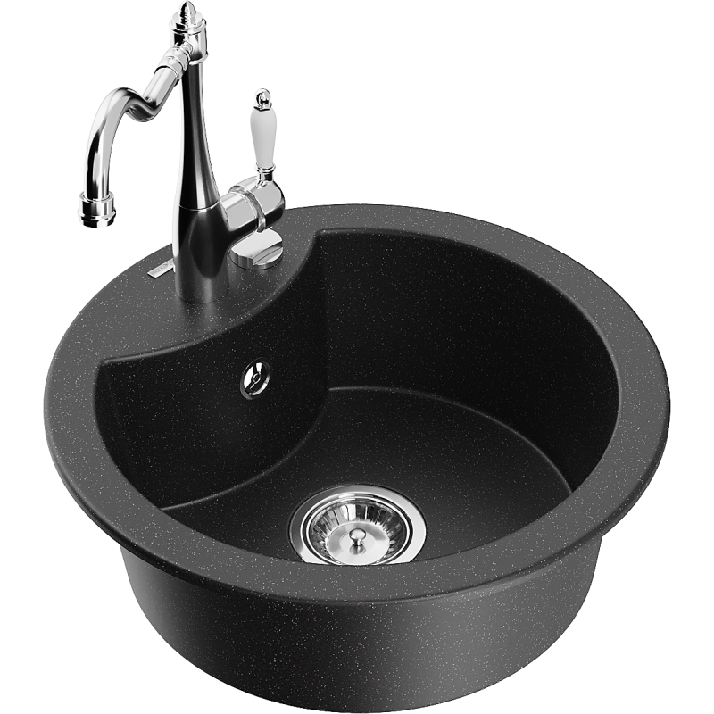 Mexen Diego single-bowl granite sink with Carla kitchen tap, black/silver metallic - 6512-73-670700-00